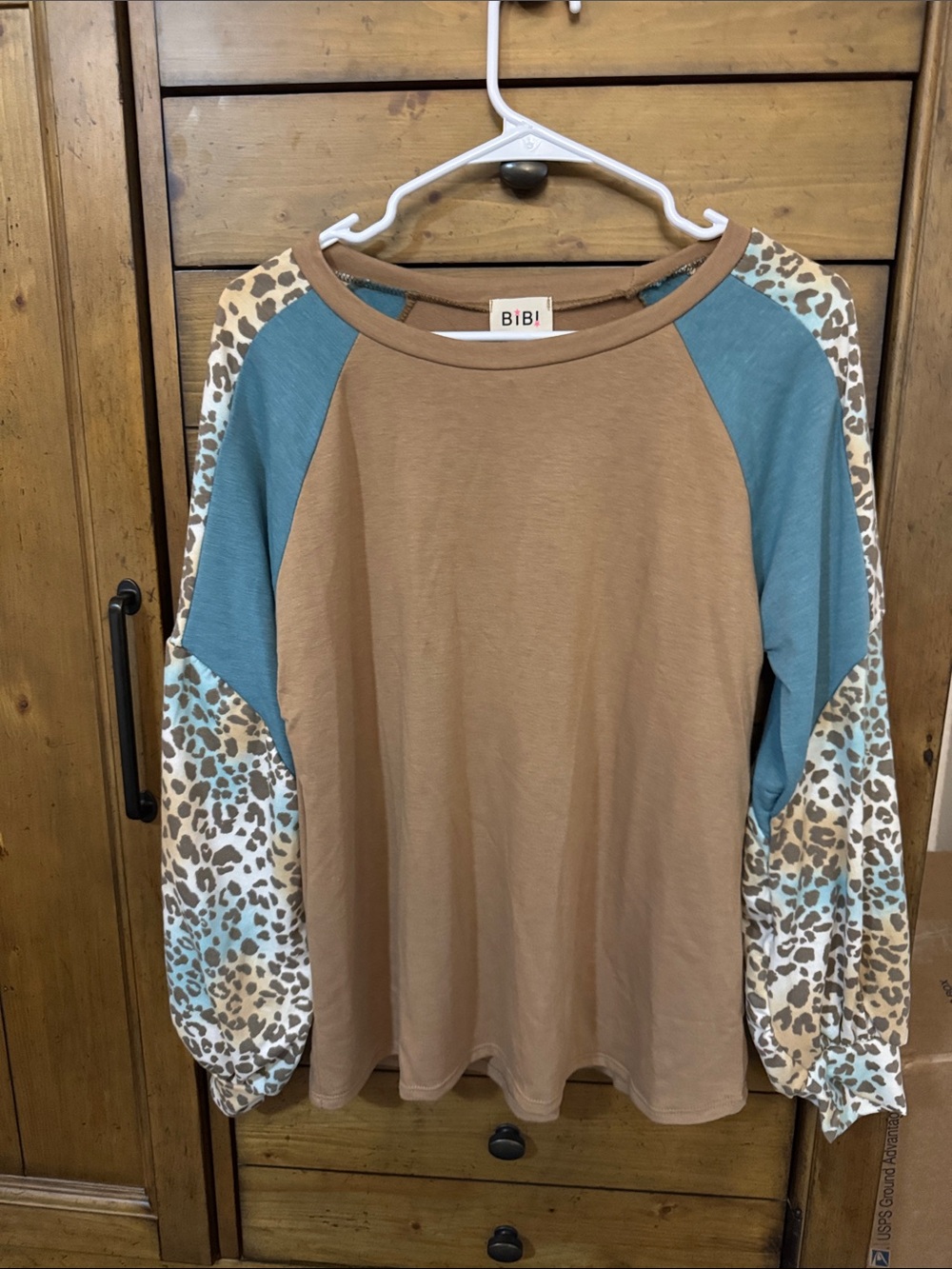 BiBi Tan and Teal Raglan Sweatshirt with Leopard Print Sleeves